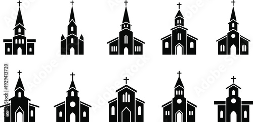 Church silhouettes set, Christian cathedral and chapel icons collection, black religious buildings isolated on white background vector illustration