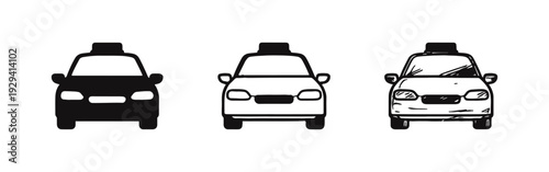 Taxi Car Icons Set. Hand Drawn Front View Public Transport Outline and Solid Glyph Style Vector Illustration.
