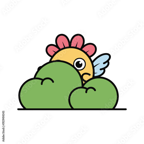 Cartoon chicken hiding behind green bushes with copy space