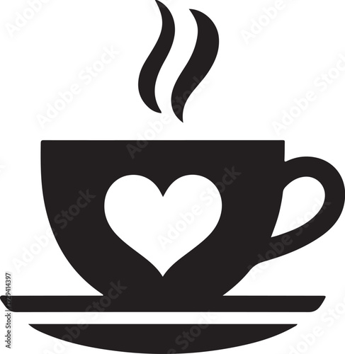 Black coffee cup with heart on saucer and steam