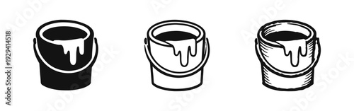 Paint Can Icons Set. Hand Drawn Bucket with Dripping Paint Outline and Solid Glyph Style Vector Illustration.