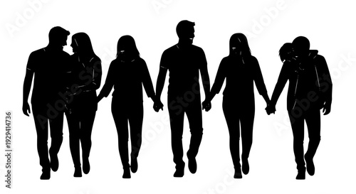 Affectionate Couples Walking Together Silhouette Vector Set Isolated on White EPS10
