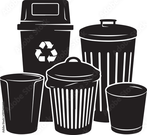 Set of 5 trash cans and recycling bin vector