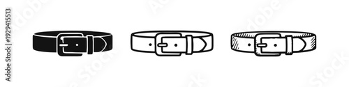 Belt Icon Set: Fashion Accessory with Buckle in Solid, Outline, and Hand-Drawn Styles for Clothing and Style