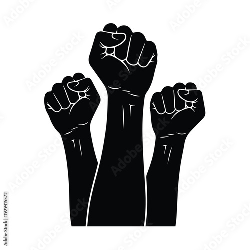 Three raised fists in solidarity and strength, symbolizing unity and protest
