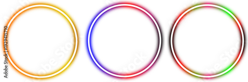 Ring light neon effect icon set. Glowing circular borders in multiple colors. Neon gradient rings set