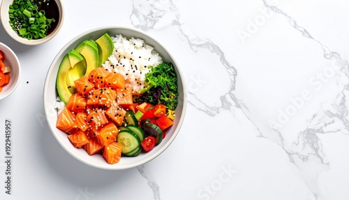 Delicious salmon poke bowl with avocado and rice on marble table