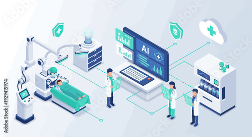 AI in healthcare concept with doctors and medical equipment.