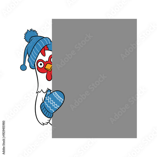Cartoon chicken wearing winter hat and mittens peeking from behind a gray sign