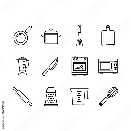 Kitchen Tool Icon Set Vector Illustration with Frying Pan, Pot, Knife, Blender, and Whisk