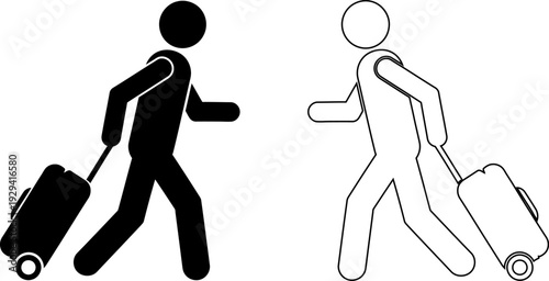 Silhouette of two travelers with luggage walking in same direction