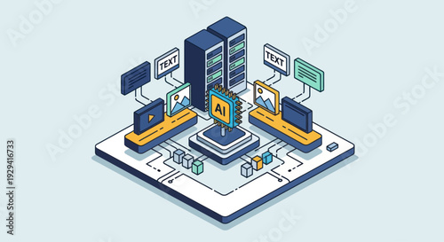 Isometric AI Data Processing and Server Network Illustration.