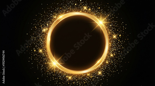 Golden circle frame adorned with sparkling glitter and light effects on a black background.
