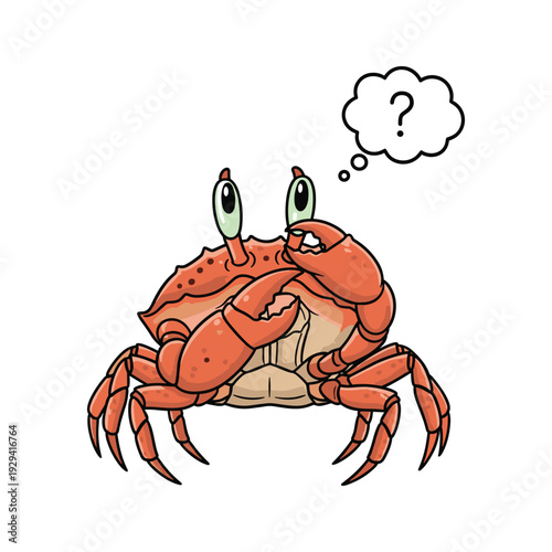 Confused cartoon crab with thought bubble and question mark on white background