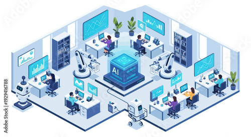 Schilderij op canvas Isometric AI Development Office with Engineers and Robots.