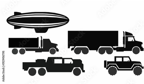 Bold Transport Silhouette Icon Set Zeppelin Truck Lorry Jeep Vector Collection