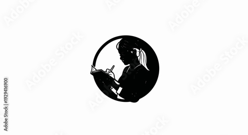 Silhouette of a person writing in a book, within a circle