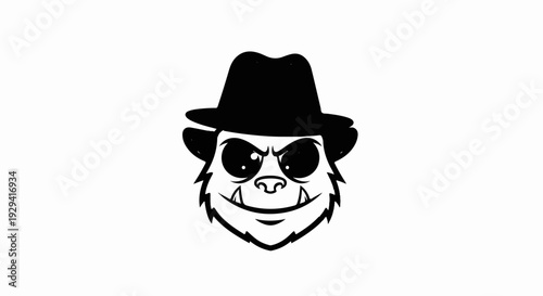 Black and white cartoon of a grinning creature wearing a fedora hat