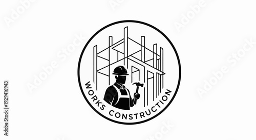 Silhouette of a construction worker holding a hammer in front of a building frame