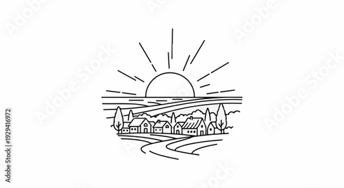 Rural village scene with sun rising over rolling hills and a winding road