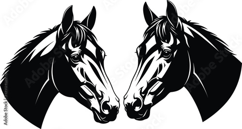 Black and white vector illustration of two horse heads facing each other with detailed manes and expressive eyes for equestrian sports and ranch logos