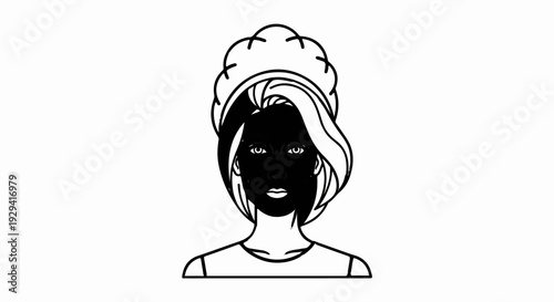 Black and white illustration of a woman with her hair up and a dark face