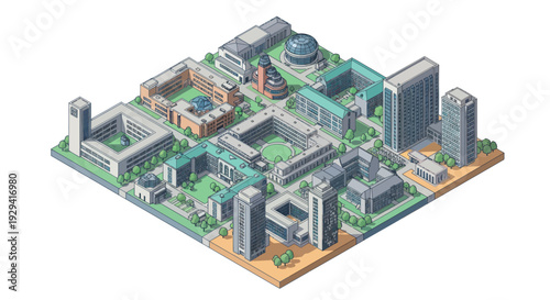 Isometric Cityscape Illustration with Modern Buildings and Green Spaces.