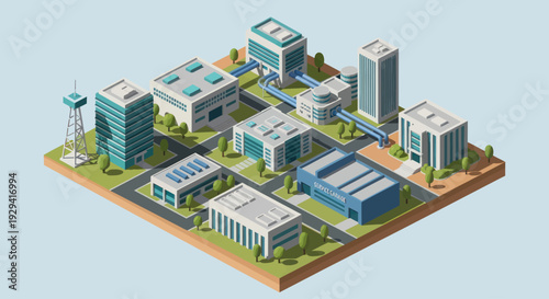 Isometric Cityscape with Modern Buildings and Infrastructure.