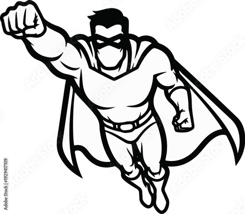 Muscular superhero in classic costume soars with cape billowing