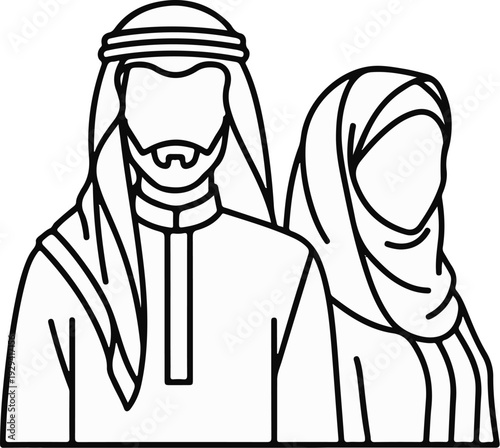 Minimalist line art depicts a man in traditional attire and a veiled woman