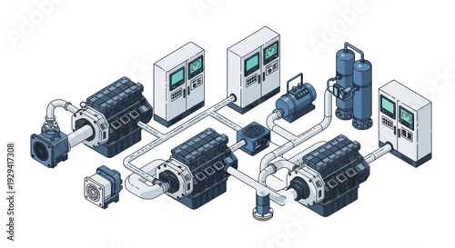 Isometric Diagram of Industrial Machinery and Control Panels.