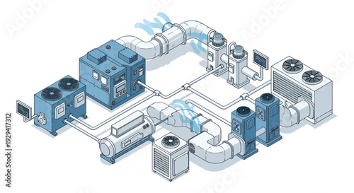 Isometric Diagram of a Complex HVAC System with Multiple Components.