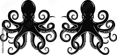 Set of black octopus silhouette vector illustrations with curling tentacles and suckers, perfect for marine life, ocean, and nautical designs.