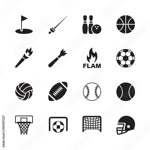 Black silhouette icons depicting various sports and recreational equipment high quality