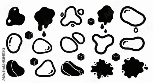 Collection of abstract shapes, blobs, drops, and cubes