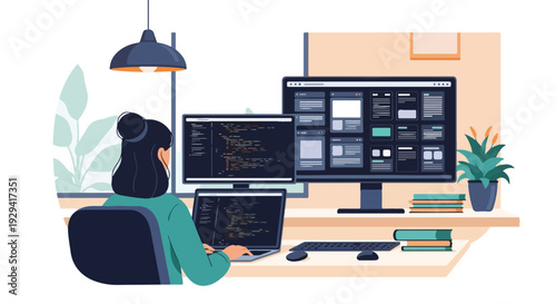 Woman programmer coding on multiple monitors at a desk in a modern office or home workspace