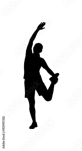 Silhouette of a person performing a standing quadriceps stretch with one arm raised.