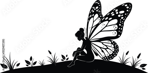 Black silhouette illustration of fairy with butterfly wings sitting on grassy hill, fantasy vector artwork highlighting magical nature, whimsical design, and enchanted storytelling themes