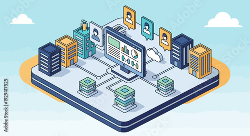 Isometric illustration of a data center with servers, computers, and user profiles connected by a network.