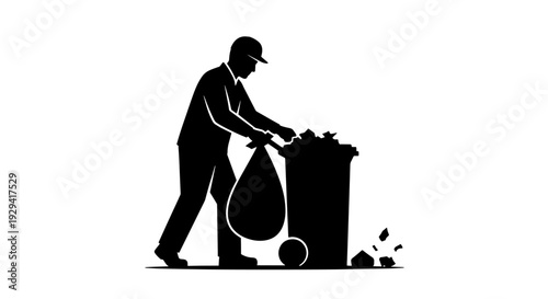 A silhouette illustration of a sanitation worker placing a full garbage bag into a large wheeled trash can, with some litter on the ground.