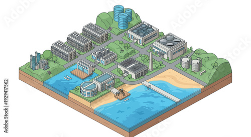 Isometric illustration of a coastal industrial complex with various facilities.