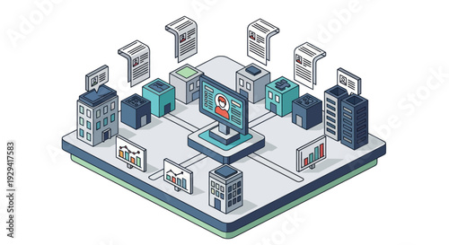 Isometric illustration of a digital network with buildings and data flow.