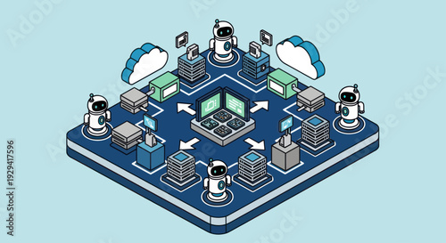 Isometric illustration of a decentralized network with robots and servers.