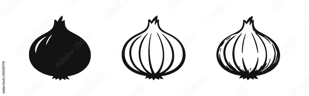 Fototapeta premium Vegetable Onion Icon Collection: Solid, Outline, and Sketch Styles on White Background