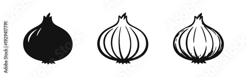 Vegetable Onion Icon Collection: Solid, Outline, and Sketch Styles on White Background