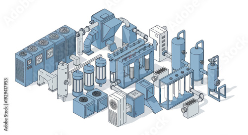 Isometric illustration of industrial machinery and equipment for manufacturing processes.