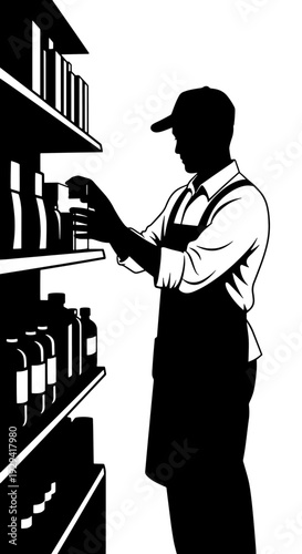Silhouette illustration of a store worker stocking shelves with products in a retail environment.
