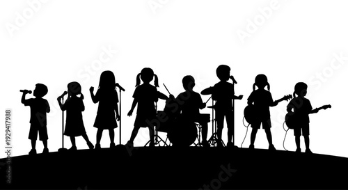 Silhouettes of a children's band performing with musical instruments and microphones on a stage.