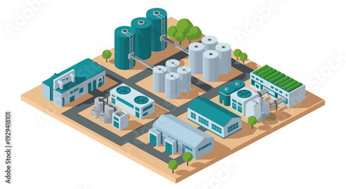 Isometric Industrial Complex with Factories and Storage Tanks.