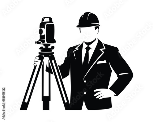 Professional surveyor wearing a hard hat and suit with total station surveying equipment on tripod